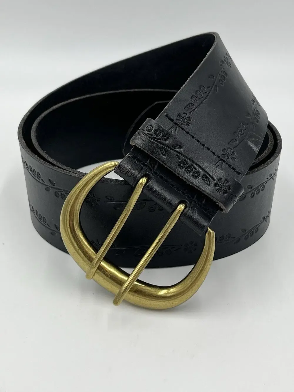 By Anthropologie Ditsy Floral Waist Black Tooled Leather Wide Belt Plus Sz 1X